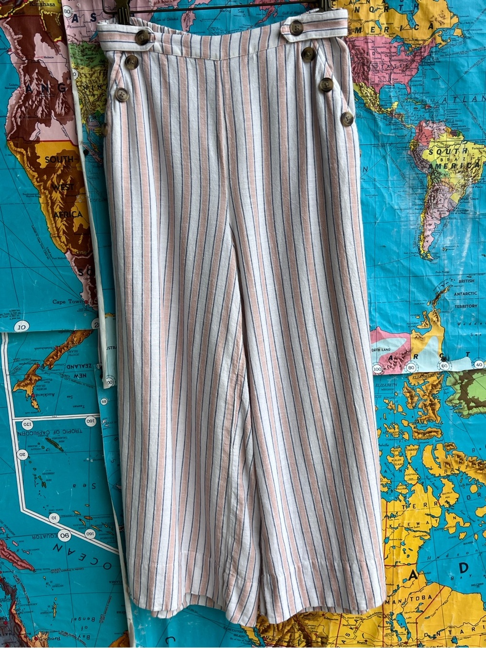 American Eagle Outfitters Cream and Light Blue Striped Waistband Pants